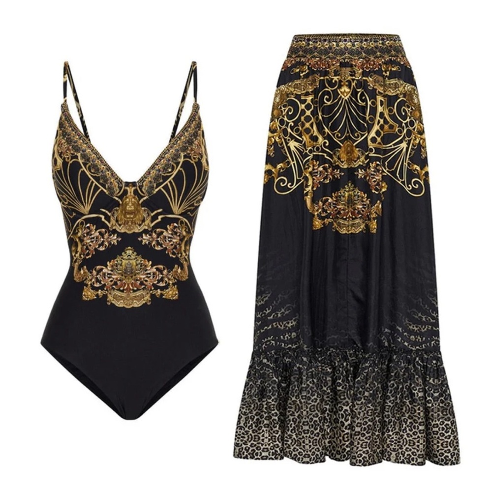 Mystical luxury black and gold XL 1 piece swimsuit & matching skirt unique set